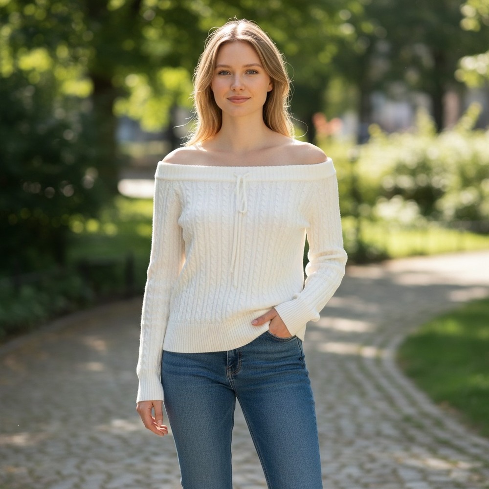 Hollister Womens White Cable Knit Off TheShoulder weater Small NWT 350-488-00196